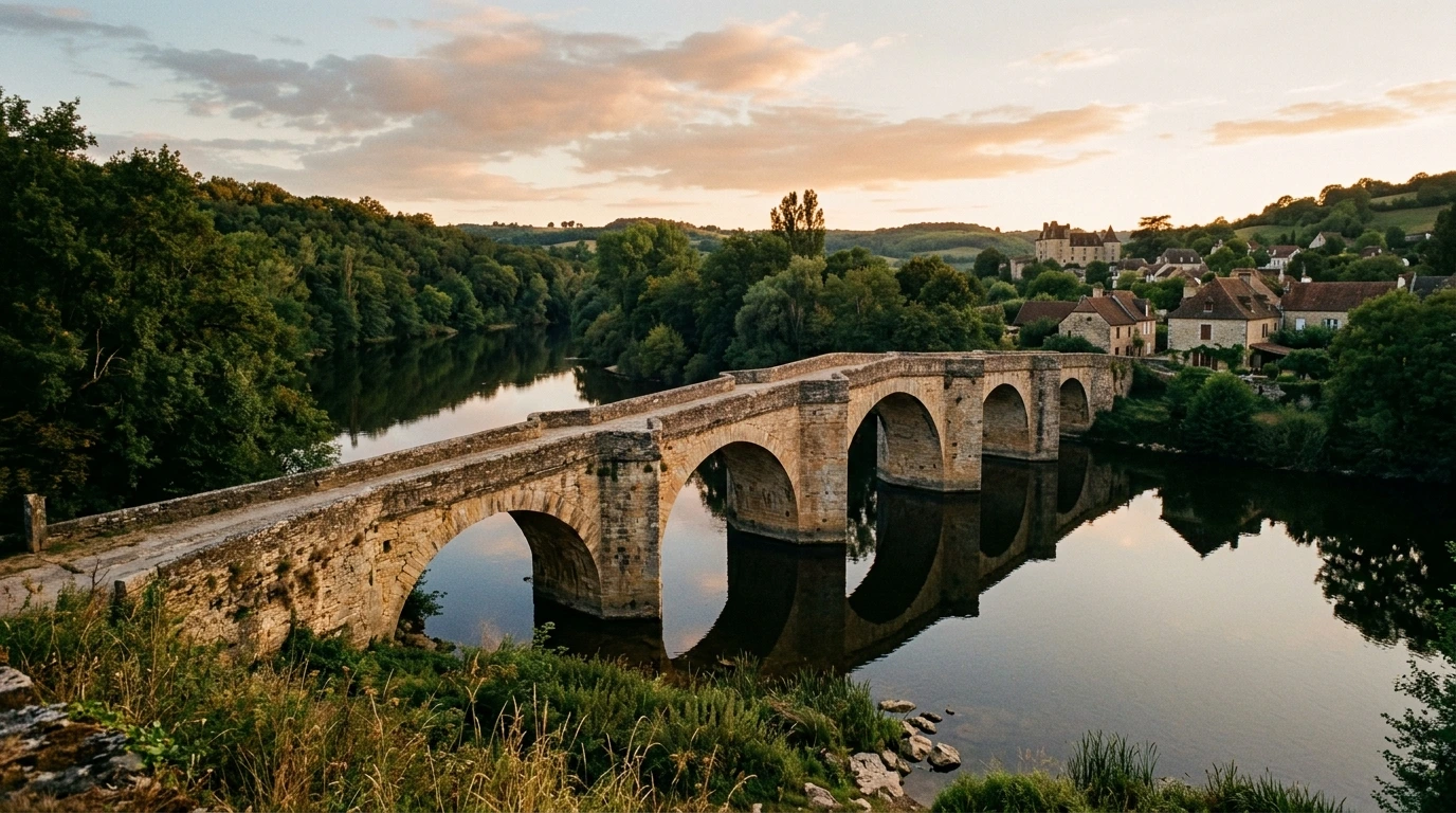 Pont de pierre au-dessus d'une rivière du Sud-Ouest, lumière de fin de journée