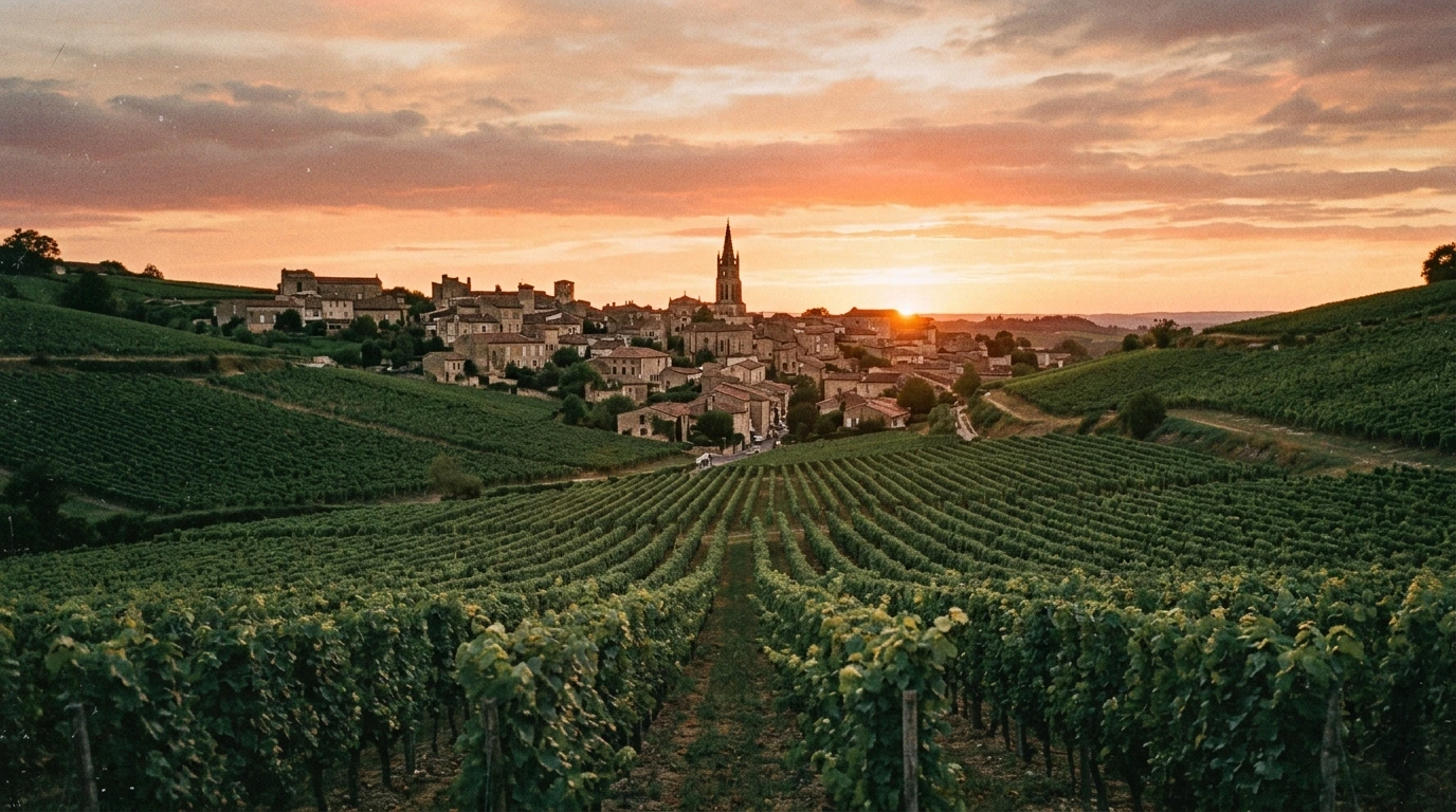 Vignoble et village français au coucher du soleil